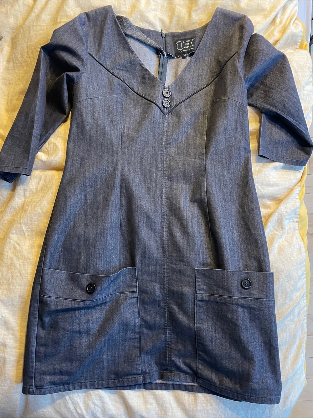Dark Blue Denim-Look Midi Shift Dress with Button Pocket Detail